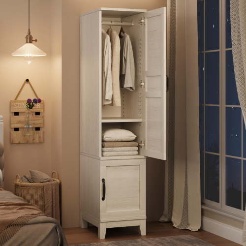 2 Doors Wooden Wardrobe Cabinet for Bedroom,72" Wooden Wardrobe Cabinet with Hanging Rod, Narrow Tall Clothing Armoire Cabinet with 18 Adjustable Shelves for Bedroom