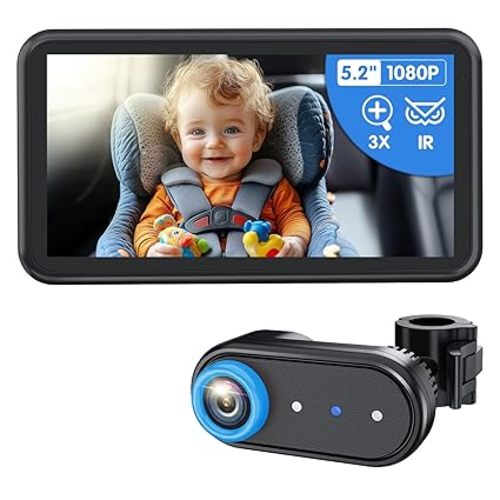 BM2A Baby Car Camera – 3X Zoom to See Baby Clearly, 5.2" 1080P Display & Auto IR Night Vision, Rear-Facing View Monitor, Easy Install for Parents & Pet Owners