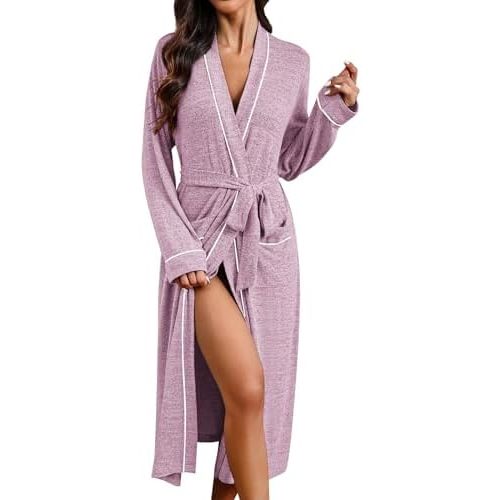 Ekouaer Womens Robe Long Bathrobe Lightweight Soft Knit Kimono Robes Ladies Casual Sleepwear S-3XL