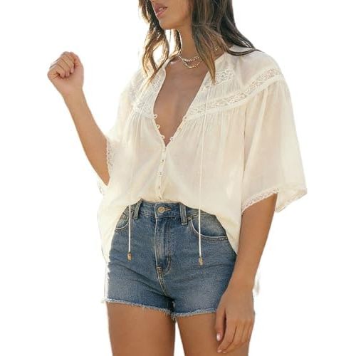 Womens Summer Tops Tie Front Boho Shirt Embroidered Lace Blouses