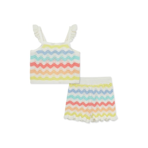 Wavy Stripe Pointelle Cotton Sweater Tank & Shorts Set, 18M