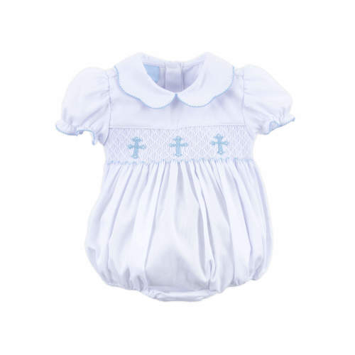Blue Cross Smocked White Pique Collared Bubble