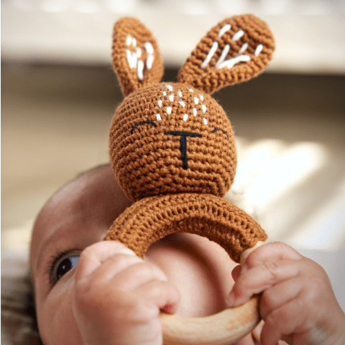 Rainbow Sprout Handmade Organic Cotton Bunny Rattle Teether with Wooden Ring – Brown/Rust