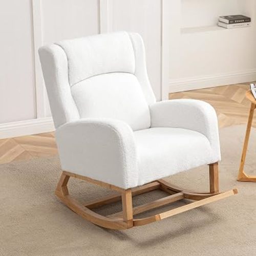 Rocking Chair Nursery - Glider Rocker Nursing Armchair Accent Teddy Chairs with Foot Rest for Indoor Living Room Bedroom White