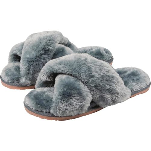 Crazy Lady Womens Fuzzy House Slippers Cross Band Memory Foam Sandals