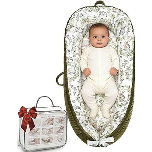 Baby Lounger-Breathable and Soft Organic 100% Cotton, Portable Infant Lounger with Removable Lounger Cover, Baby Nest Lounger for Newborn - Green Rabbit