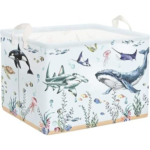 Ocean Animals Baby Laundry Hamper Collapsible Clothes Kids Storage Basket Large Boys Girls Gift Toy Box Bin for Nursery Room, Blue Shark, 36L