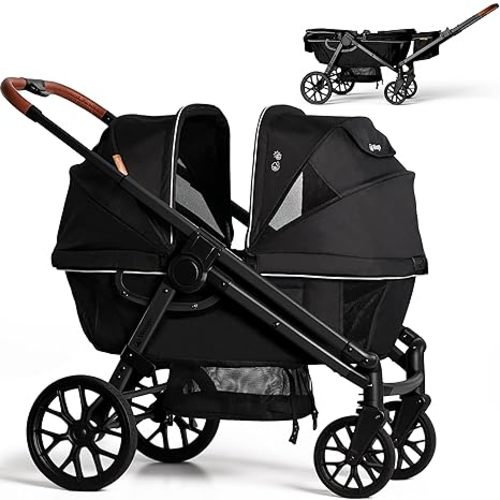 Wagon Stroller for 2 Kids, All-Terrain with Removable UV-Protection Canopy, Adjustable Push/Pull Handle, Snack Tray & Cup Holders, Perfect for Baby and Toddler (Black)