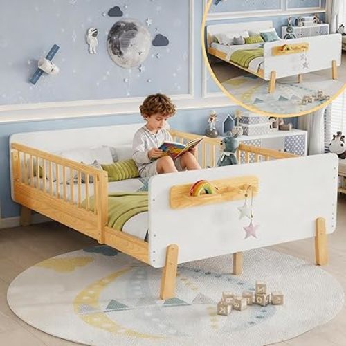 Full Bed Frame for Kids with Removable Rails, Montessori Wood Beds with Headboard, Storage Shelf & 2 Hanging Rod, Full Bed Frames Low to Ground for Kids Boys Girls, White
