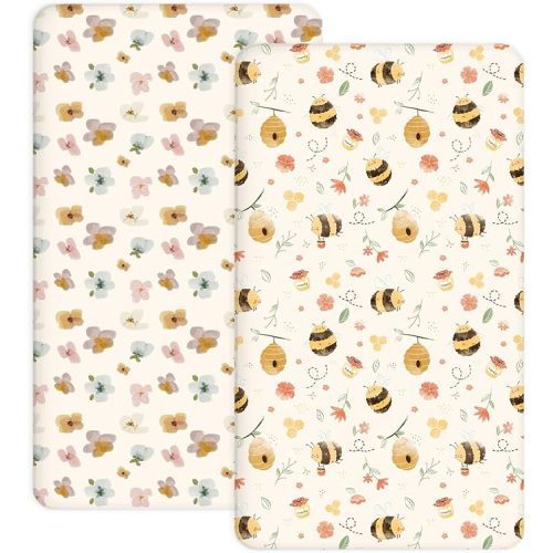 Pack and Play Sheets 2 Pack, Fitted Jersey Knit Mini Crib Sheets for Baby Boys and Girls, Compatible with Graco Pack N Play and Mini Crib Mattress (Bee Happy, Pack N Play/Mini Crib Sheets)