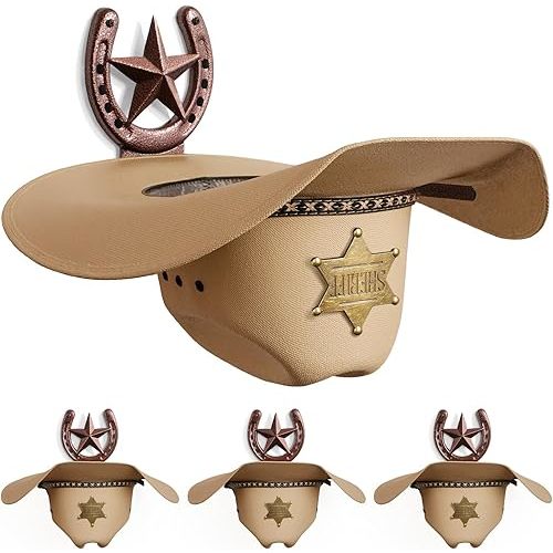 Cowboy Hat Rack Wall Mount,Cowboy Hat Holder for Wall,Western Home Decor,Hat Organizer for Caps,Rustic Horseshoe Star Metal Hat Hanger for Closet Horse Trailer Entryway Bedroom,4 Pack,Bronze