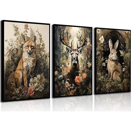 3pcs Vintage Forest Animal Canvas Wall Art Wild Animal Deer Rabbit Fox Paintings Pictures Dark Academia Wall Decor Gothic Botanical Posters Print Artwork for Living Room Office Decor 16x24in Unframed