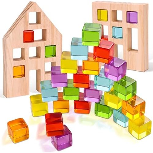 Woodtoe Wooden Building Blocks Set for Kids, 24 PCS Rainbow Gem Cubes Stacking Blocks - 2 Wood House, Montessori Stacking Toy for Toddlers, Educational STEM Sensory Birthday Toy for Boys Girls 3-6