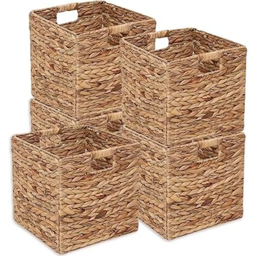 Wicker Storage Baskets Set of 5 Storage Cube,Water Hyacinth Basket for Organizing,Handwoven Laundry Totes for Laundry, Living Room, Kids Room & Nursery