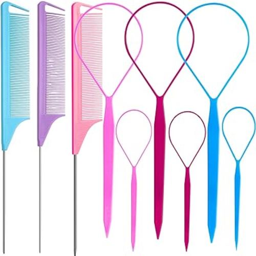 9pcs Topsy Hair Tail Tools & rat tail combs set, 6pcs Ponytail Pull Through Tool 3pcs Long Steel Pin Combs, Turvy Loop Styling Tool for Woman & Girl Hair Styling (Pink,Purple, Blue) Linmxiy