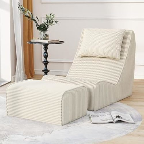 Giant Bean Bag Chair for Adults,Corduroy Chaise Lounge with Unrivaled Back Support, Detachable Neck Pillow, Comfortable Ottoman & Washable Cover for Living Room, Bedroom, Garden(White)