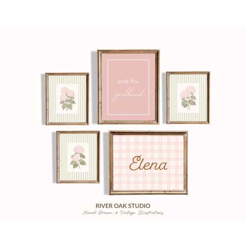 Pink and Sage Girl Nursery Prints: Hydrangeas, Tartan Custom Name, Long Live Girlhood