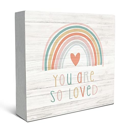 SRADMO You are So Loved Rainbow Heart Wood Box Sign Desk DecorKids Inspirational Quotes Wooden Block Box Sign Decoration For Kids Room Nursery Playroom Shelf Table Decor