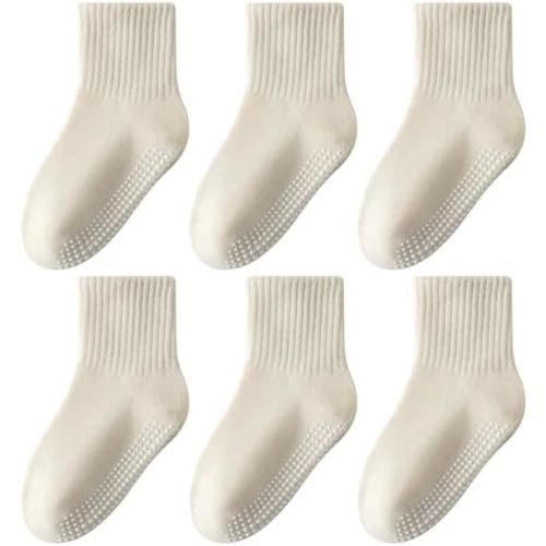 Toddler Grip Socks with Non-Slip, Unisex Baby Retro Stripe Seamless Crew Ankle Cotton Socks for Girls Boys 6 Pairs