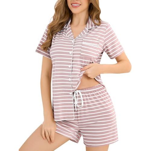 SWOMOG Womens Button Down Pajamas Set Short Sleeve Sleepwear Bride Soft Pj Lounge Sets XS-3XL