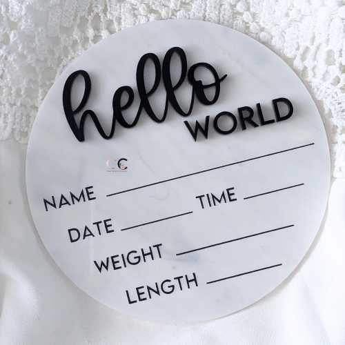 Marbled Acrylic Birth Announcement Disc • Hello World Sign • Newborn Photo Prop • Reusable Dry Erase Birth Stat • Custom Baby Name Keepsake