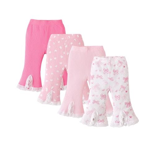 Baby Girl Pants 3-24 Months Baby Leggings 4 Pack Girls Bottoms | Fall Winter Baby Girl Bell Bottoms,Soft Cotton,4 Pcs Ribbed Stretchy Flare Pants,Solid Colour,Casual Cute Baby Leggings