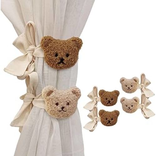 Whaline 4Pcs Bear Curtain Ties Cute Cartoon Bear Curtain Tieback Decorative Embroidered Animal Shape Rope Holdbacks for Home Office Bedroom Living Room Window Treatment Decor