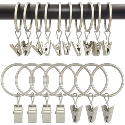 100 Pack Curtain Rings with Clips, Drapery Clip with Rings, Drapes Rings 1.26 in Interior Diameter, Fits up to 1 in Curtain Rod, Matte Silver