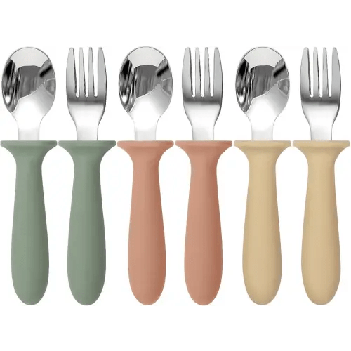 6 Pack Toddler Utensils, kids Silverware with Silicone Handle, 18/8 Stainless Steel Children Safe Spoons and Forks Set Baby Feeding Essentials, Dishwasher Safe