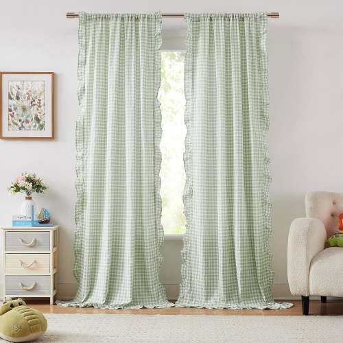 Sage Green White Buffalo Plaid Ruffle Curtains 95 Inches Long,Woven Crinkled Not-See-Through Sheer Drapes,Shabby Chic Window Treatment for Bedroom Living Room,Rod Pocket,40" Wx95 L,Pack of 2