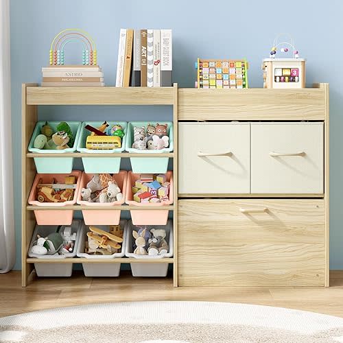 Toy Storage Organizer for Kids, 9-Bin Toy Organizer with 2-Drawers,Movable Toy Chest and Top Rack, Kids Bookshelf and Toy Storage for Living Room, Playroom, Bedroom, Nursery, Multi-Color