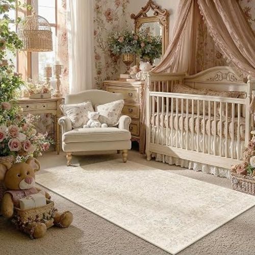 PureCozy 4x6 Beige Floral Small Area Rug Vintage Farmhouse Style