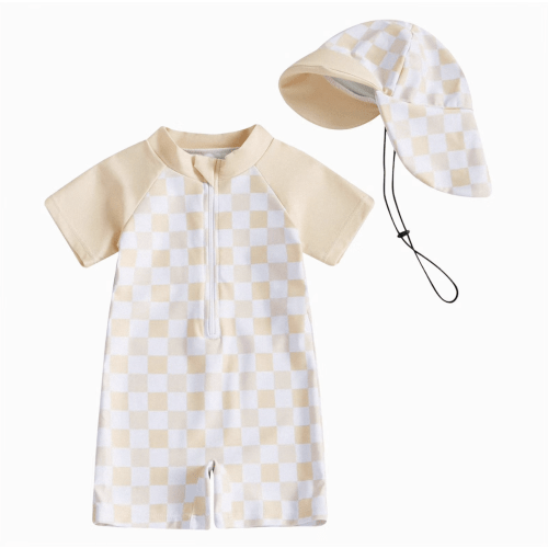NIEWTR Baby Boys Swimsuit Onepiece Striped Zipper Swimwear (A3-Light Yellow,6-12 Months)
