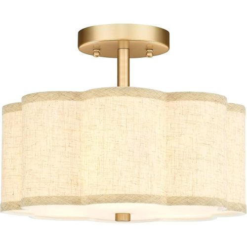 Gold Semi Flush Mount Ceiling Lights, 3-Light 12.5" Light Fixtures Ceiling Mount with Linen Fabric Drum Shade in Flower Shape for Nursery Hallway Bedroom Kitchen, AD-22007-3SF-GD-B