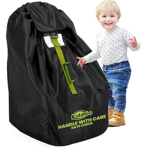 KiddiGo Car Seat Travel Bag For Airplane, Black & Green, 33” H x 18” W x 18” D, Fits Most Standard Convertible, Booster & Infant Car Seats, Gate Check Universal Size Car Seat Cover, Easy Carry Design