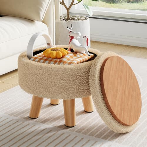 WBKATN Small Pouf Foot Rest Ottoman, Modern Round Storage Ottomans Foot Stool, Cute Boucle Sherpa Nursery Ottoman Stools for Living Room, Beige Teddy Velvet Pouf