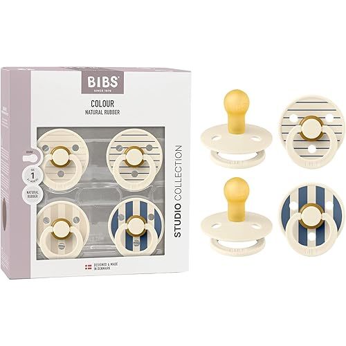 BIBS Studio Pacifier 4-Pack, BPA Free Pacifiers, Round Nipple. Natural Rubber Latex, Made in Denmark, Size 1 (0-6 Months), Ivory
