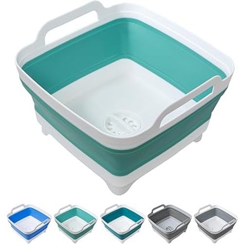 Dishpan for Washing Dishes, 2.4Gal/9L Wash Basin with Draining Plug Carry Handles, Collapsible Bucket for Cleaning, Portable Sink, Foldable Plastic Tub