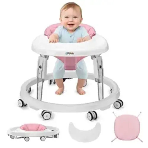 Baby Walker with Wheels, One-Touch Folding Portable Baby Walkers with Height Adjustment, Large Dinner Plate and Brake, Walker for Baby Boy Girls 6-18 Months, Pink
