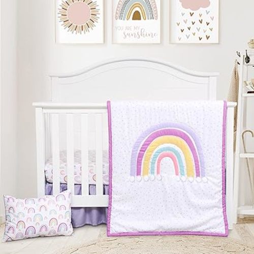 JISEN 4 Piece Crib Bedding Set for Girls Boys Soft Baby Crib Bedding Set Nursery Bedding Sets - Crib Quilt Crib Sheet Pillowcase Crib Skirt Rainbow