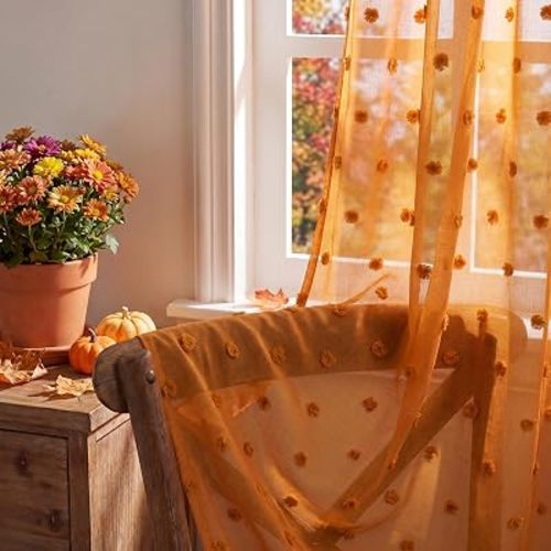 Horaldaily 2Pcs Orange Sheer Curtains 52x72in, Orange Pom Pom, Boho | Farmhouse Living Room Bedroom Nursery Decor, Rod Pocket, Set of 2 Lightweight Panels, Light Filter Drapes