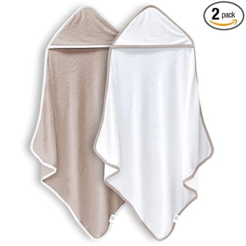 2 Pack Baby Bath Towel - Rayon Made from Bamboo, Ultra Soft Hooded Towels for Babies,Toddler,Infant - Newborn Essential -Perfect Baby Registry Gifts (White and Brown, 30 x 30 Inch)