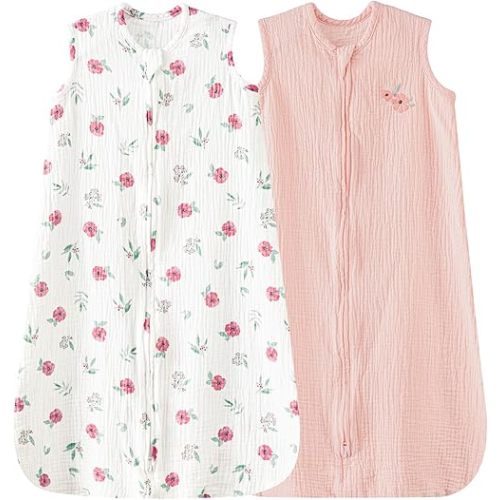 david's kids Muslin Cotton Baby Sleep Sack 6-12 Months, 2 Pack 100% Cotton Sleeping Bag for Summer, TOG 0.5 Baby Wearable Blankets with 2-Way Zipper, Soft Sleep Sacks for Newborn Infant, Pink Floral