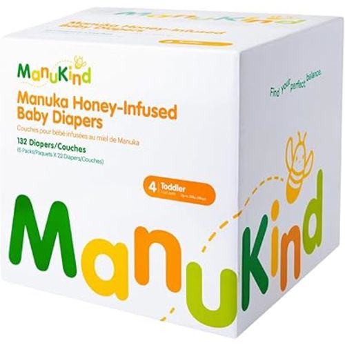 ManuKind Baby Diapers, Manuka Honey Infused, Ultra Soft, Plant-Based Materials, Quick-Dry Comfort, Leak Guard Protection, Size 4 – 132 Diapers (6 Packs of 22)