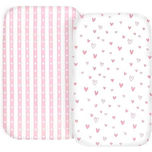 100% Organic Cotton 2 Pk Bedside Sleeper Bassinet Fitted Mattress Sheets for Mika Micky, Baby Delight, Ronbei, Chicco, KoolerThings, Cloud Baby, AMKE, Angelbliss, Maxi-COSI, Arm's Reach, Plus. Girl
