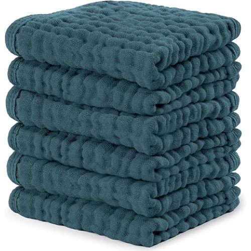 Comfy Cubs Muslin Baby Washcloths 6 Pack - Soft 6-Layer Cotton Wash Cloths for Sensitive Skin - 10"x10" Large, Gentle, Absorbent Infant Essentials for Newborn and Toddlers - Neptune