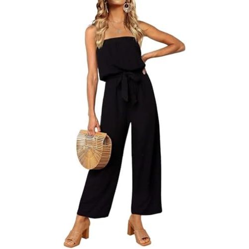 ZESICA Women's Casual Off Shoulder Solid Color Strapless Belted Wide Leg Jumpsuit Romper