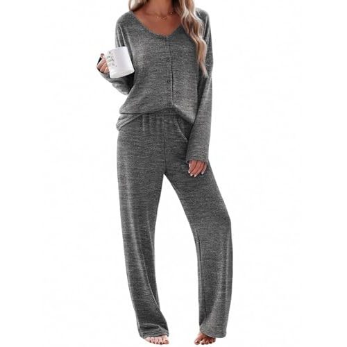 Ekouaer Womens Pajama Sets Button Up Long Sleeve Pjs Soft Lounge Set 2 Piece Sleepwear with Pockets