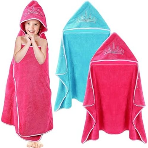 2 Pcs Princess Bath Towel for Baby Toddler Oversized Absorbent Soft Hooded Bath Beach Towel for Kids Girls up to 10 Years,Thick Cozy Full Coverage,Pink and Blue