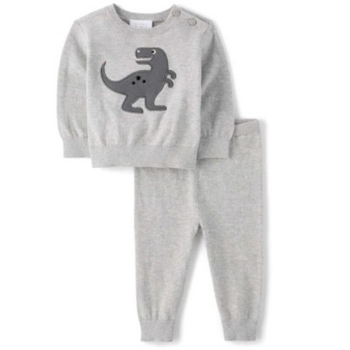 The Children's Place Baby Boys Long Sleeve Applique Dino Sweater 2-Piece Playwear Set Gray 3-6 M